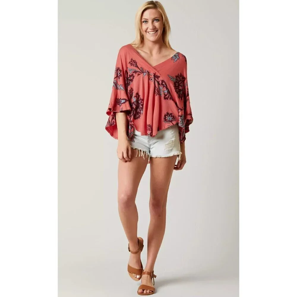 Free People Maui Wowie Paisley Flowy Blouse Size M/oversize Pink Top Casual